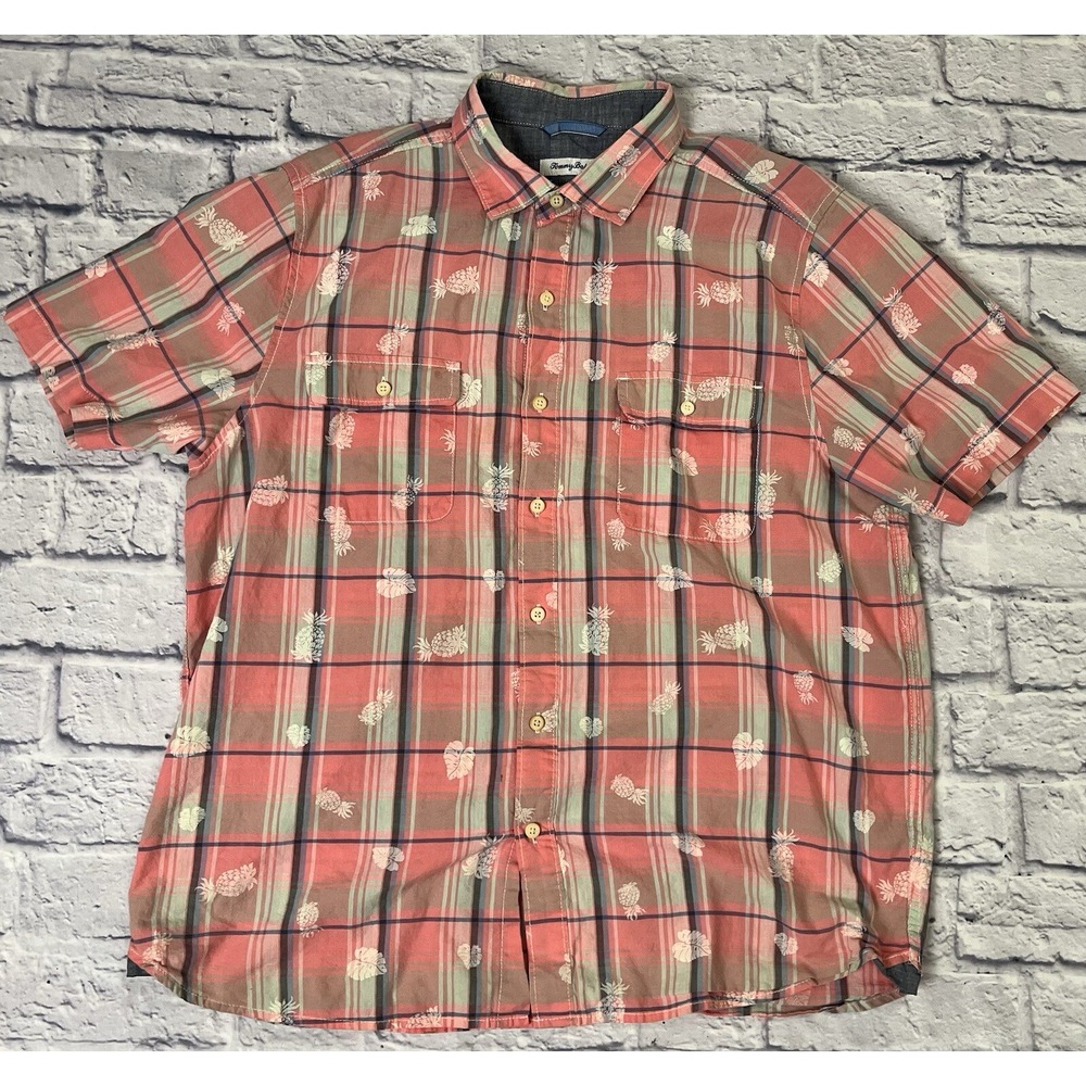 Tommy Bahama Mens Large Short Sleeve Plaid Pineapple Button Up Shirt Pink Casual